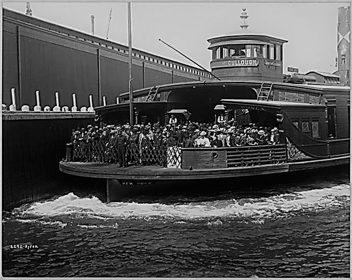 Passengers on a crowded Erie Railroad ferry boat to Pavonia in 1896.