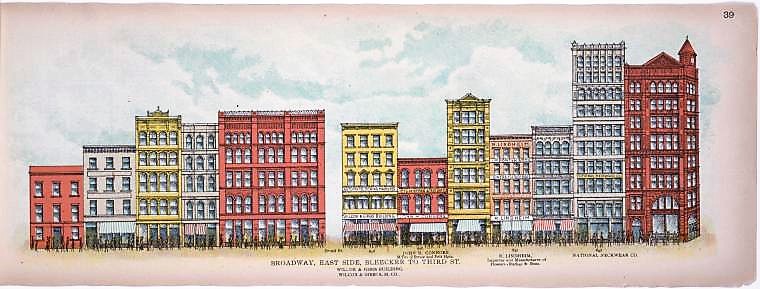 Snooperkatz made his home in Christian Gudebrod's offices at 644 Broadway (on the far right in this 1899 illustration), an eight-story orange sandstone and brick building designed by Stephen Decatur Hatch in 1891 for the Manhattan Savings Institution.