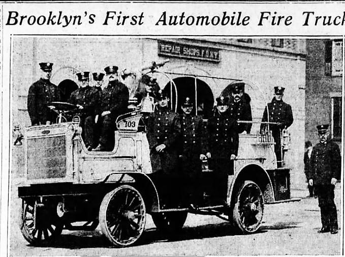 The men of Engine Company No. 103 took possession of Brooklyn's first motorized apparatus in 1912. 