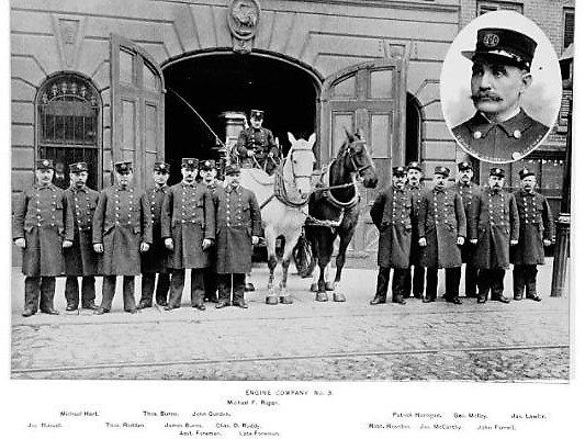 Here are the men and horses of Engine Company No. 3 in front of their firehouse at 533 Hicks Street. Note the rooster above the doorway. 
