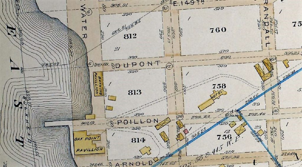 The Oak Point Pavilion and bathing pavilion are depicted on this 1887 map. Oak Point was a favorite family pleasure resort from the late 1880s to 1905.