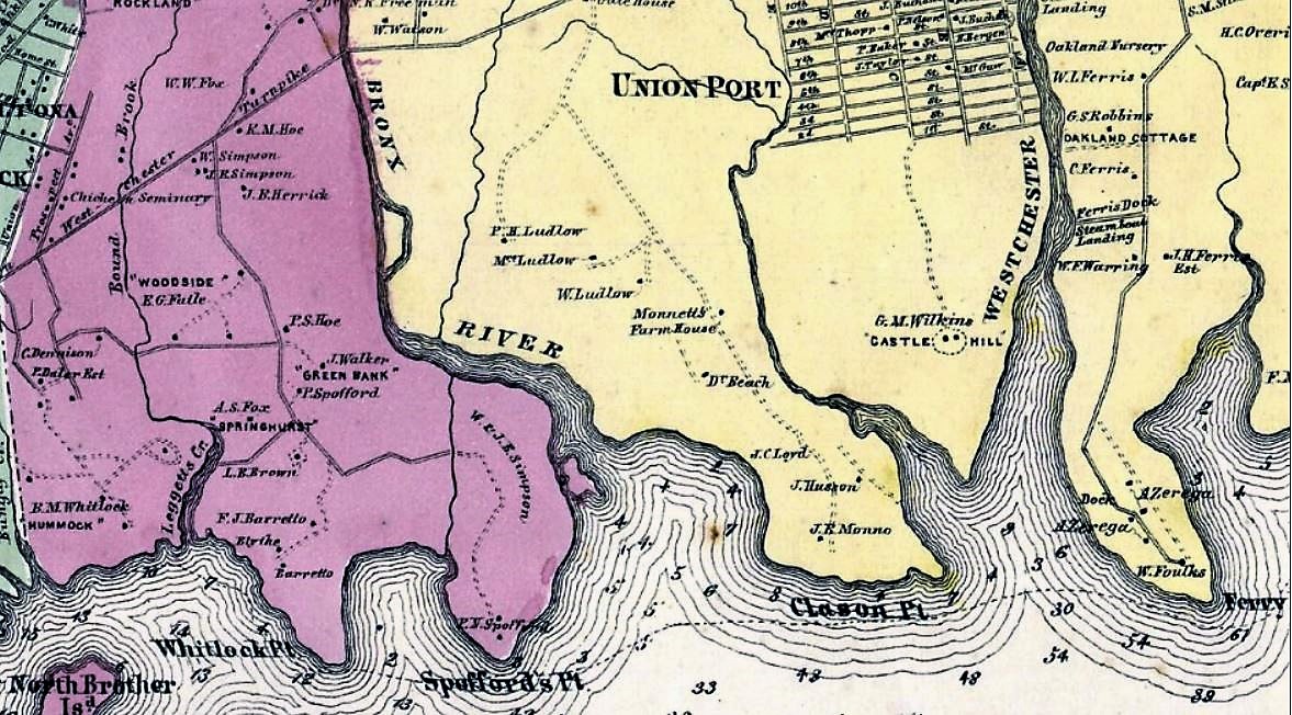 On this 1867 map, Oak Point was still called Whitlock Point (purple section) in honor of Benjamin Whitlock. 