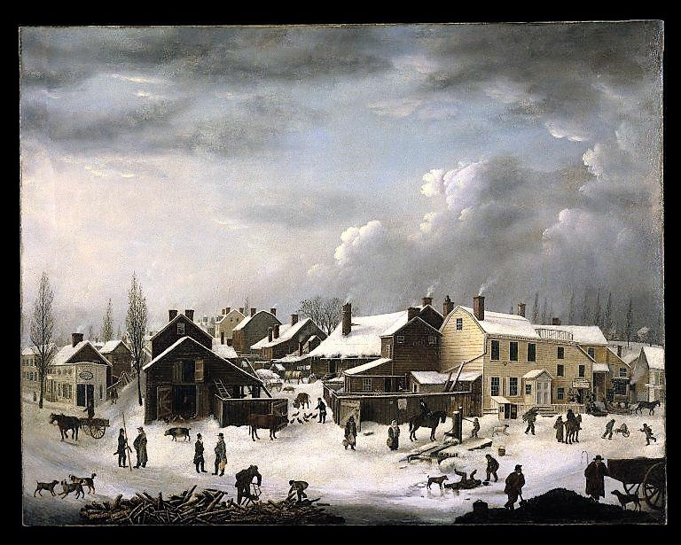 This Francis Guy illustration looks like a Currier & Ives Christmas card, but it's actually Brooklyn's Front Street in 1820, just 75 years before the Jones brothers started constructing their Grand Union Tea Company. Brooklyn Museum