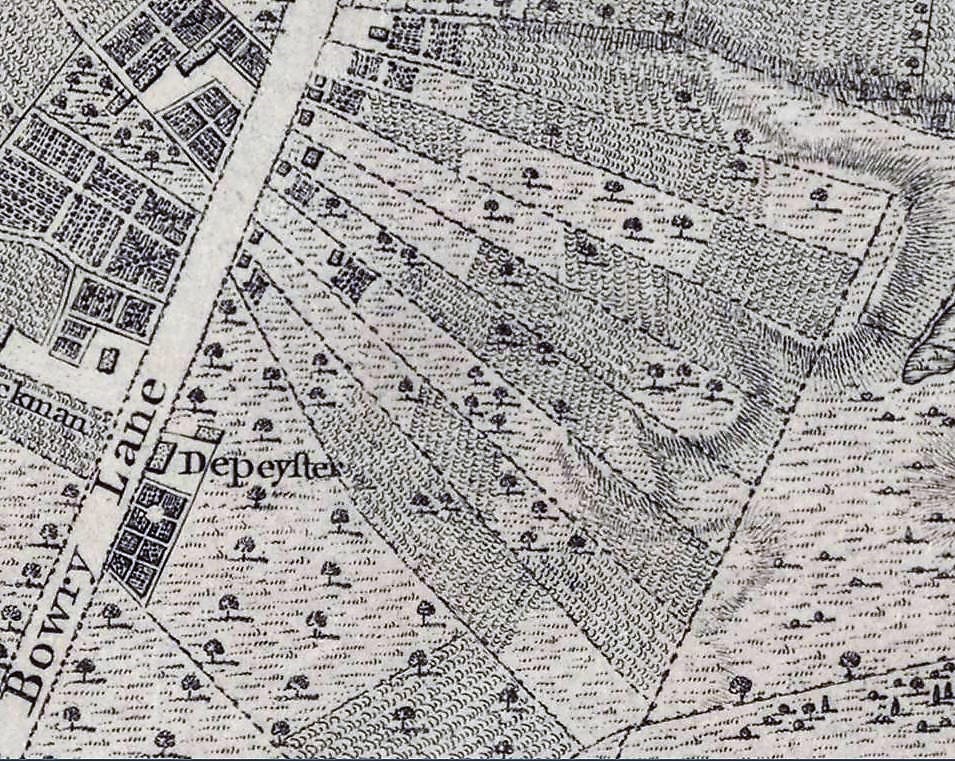 The Minthorne property occupied all of the fan-like sections just west of The Bowery, as shown on this 1767 Ratzer Map of New York City. 