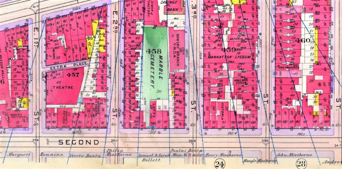 The fan-like pattern of the old Minthorne estate is still visible on this 1909 tax map. 27 Second Avenue, where Speck the cat saved the day, was erected on the land once owned by Margaret Minthorne and her husband Nicholas Romaine. 