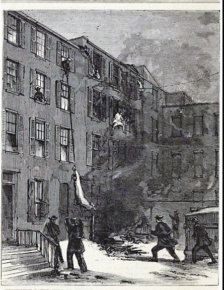 A tenement fire on Second Avenue is depicted in this 1869 image. New York Public Library Digital Collections