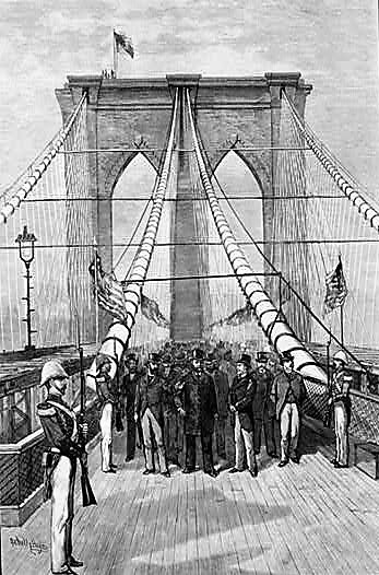 President Chester A. Arthur, who presided over the dedication ceremony for the new Brooklyn Bridge, and New York Mayor Franklin Edson crossed the bridge to celebratory cannon fire and were greeted by Brooklyn Mayor Seth Low when they reached the Brooklyn-side tower