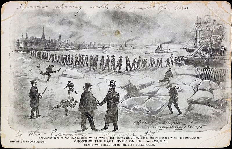 Renowned preacher and abolitionist Henry Ward Beecher, who founded the Plymouth Church in Brooklyn in 1847, is shown (left, foreground) standing on the frozen East River on January 23, 1875.