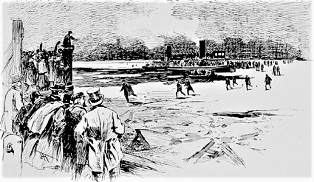 About 5,000 people reportedly crossed the frozen East River between Manhattan and Brooklyn when it froze over on January 23, 1867.