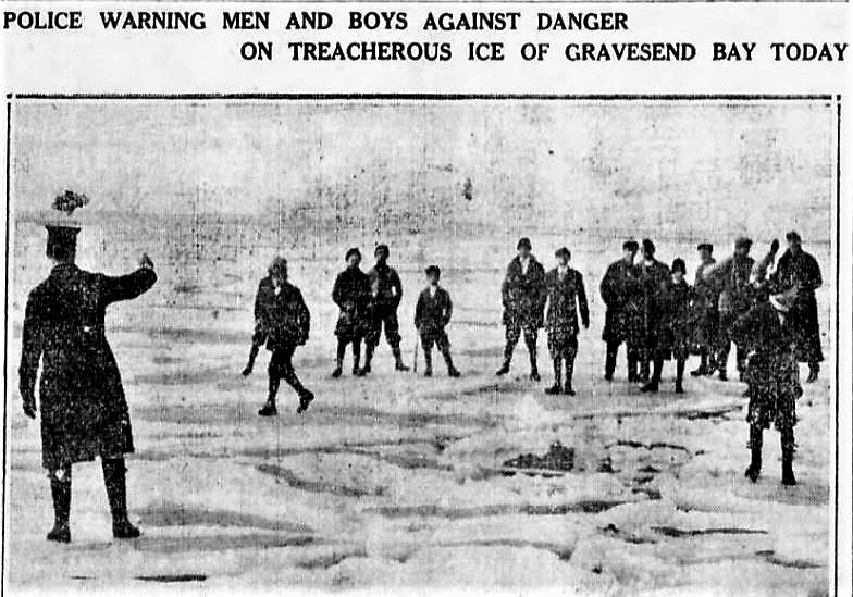 In February 1912, ice filled the Gravesend Bay and the Narrows, making it possible for people to cross the bay to Norton's Point on Coney Island. It was the first time since the great blizzard of 1888 that the waters completely froze.