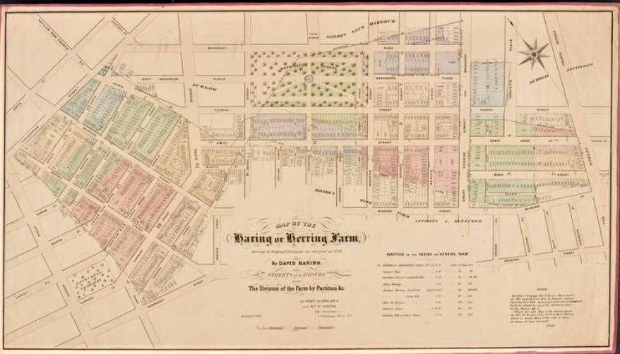Map of the Herring Farm, 1869
Bedford Street is located on what was once the farm of Elbert Herring, which was about 100 acres bounded by present-day Bowery, Washington Square Park North, Bleecker Street, Hudson Street, and Christopher Street. 