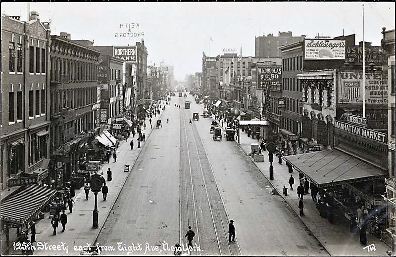 Here's West 125th Street looking west from what was then called Eighth Avenue in 1913. Fay's restaurant would have been about 10 buildings down on the left. NYPL Digital Collections        