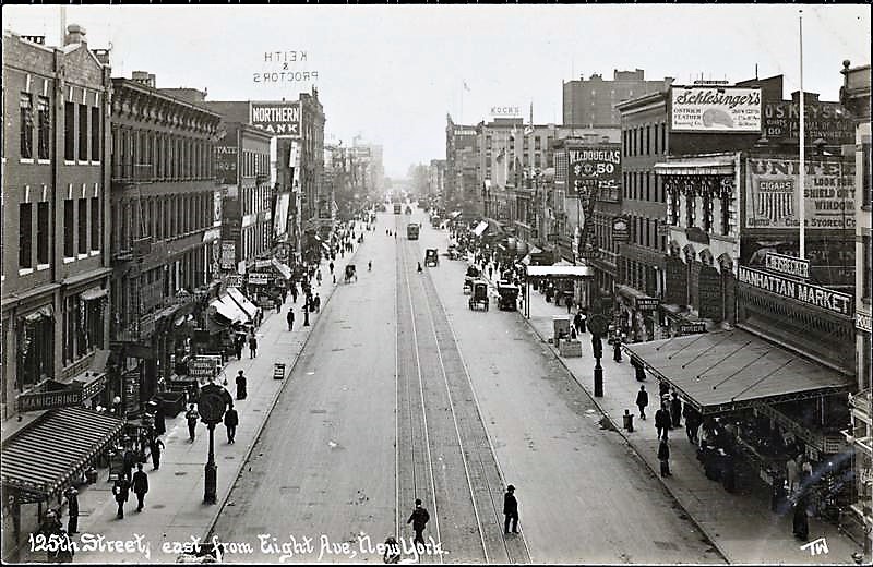 Here's West 125th Street looking west from what was then called Eighth Avenue in 1913. Lemuel E. Quigg's headquarters at #263 were located in the large building second from the left (ironically, this is now the site of a Red Lobster restaurant). In the early 1900s, the backyard of neighboring 255 West 125th Street was known as Camp Roosevelt. The Republicans would place a large tent in the yard (the tent could hold 1,500 people) to hold rallies for Teddy Roosevelt’s presidential campaigns. Camp Roosevelt is now the site of the Apollo Theater. NYPL Digital Collections        