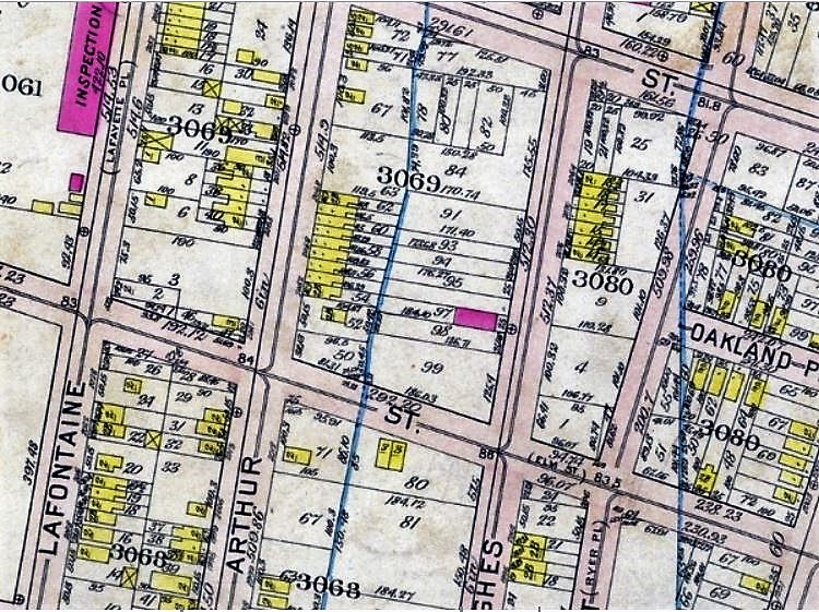Even in 1904, when this map was drawn, Arthur Avenue between 179th and 180th Streets was still fairly rural, with mostly frame houses, several barns (donated by the X), and numerous vacant lots waiting to be developed. 