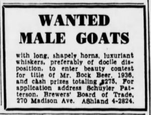This ad seeking beautiful goats appeared in the Brooklyn Daily Eagle in March 1934.