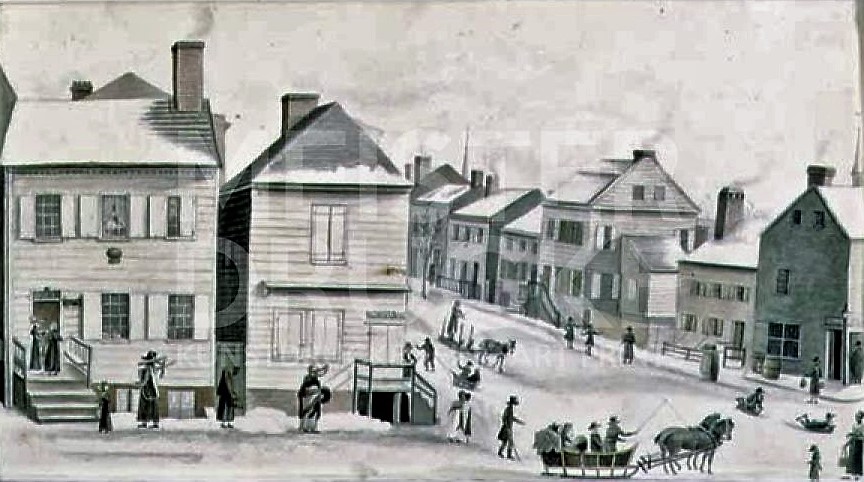 The first St. Patrick's Day celebration took place at John Marshall's house on the corner of Greenwich and Warren Streets. This watercolor by Anne Marguerite Hyde de Neuville depicts this intersection in 1809. 