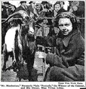 Pretzels with his handler, Miss Libby, after being crowned "Mr. Manhattan" in 1934.