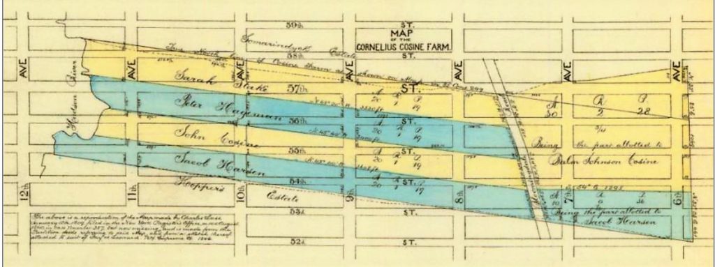 Here is just a portion of the 200-acre Cosine farm (1853 map), which included lands under water at the foot of 52nd to 57th Streets.