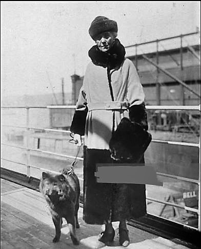 Mrs. Anne Vanderbilt poses on board a ship with a dog in 1930. (Perhaps she went back to Belgium to get another dog for the Watsons following Billy's death...