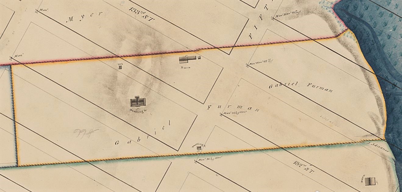 The old Gabriel Furman homestead stood on a mound admidst charming fields and groves of trees that bordered a considerable pond articically formed by Hall. If the house were still standing today, it would be right behind present-day 32 West 132nd Street or 31 West 131st Street.