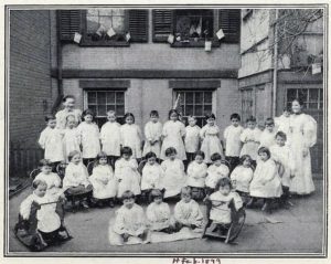 The backyard of the Jewell Day Nursery at 20 MacDougall Street in 1899. New York Public Library Digital Collections.