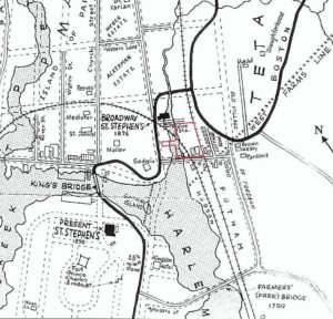 Godwin's Island and the foot bridge is depicted on this 1890 map. (Back then, Kingsbridge Avenue was called Church Street and Corlear Avenue was called Water Street.) This map also clearly labels the Godwin and Moller houses, and the 35th Police Precinct, which occupied one of Godwin's buildings (much of the land surrounding the police station was soggy marshland).