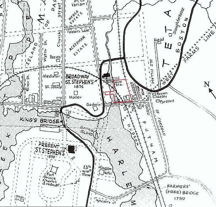 Godwin's Island and the foot bridge is depicted on this 1890 map. (Back then, Kingsbridge Avenue was called Church Street and Corlear Avenue was called Water Street.) This map also clearly labels the Godwin and Moller houses, and the 35th Police Precinct, which occupied one of Godwin's buildings (much of the land surrounding the police station was soggy marshland). 