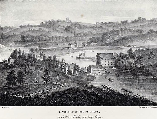 Here's a view of Macomb's mill on the Spuyten Duyvil Creek near the King's Bridge in 1820.