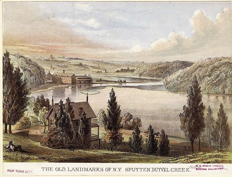 I wonder if the man at left is Jacob Hyatt, the northern-most resident of Manhattan before the Spuyten Duvil Creek and Harlem River were filled in. The large building at left may be Macomb's grist mill, which came down in 1856.