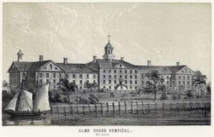 This illustration of Bellevue Hospital was created in 1852. New York Public Library Digital Collections