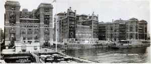 Here's a photograph of Bellevue Hospital from 1875, It would be another 70 years before thousands of tons of landfill were used to create the East River Driver (later, the FDR), which is why all the buildings are so close to the water's edge. NYPL Digital Collections