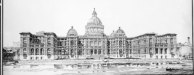 In 1905, New York City architects McKim, Mead, and White developed a master plan to create five interlocking pavilions (featuring a large, central domed structure) to replace the old buildings of the Bellevue complex. The master plan was reduced to three, nine-story pavilions. 