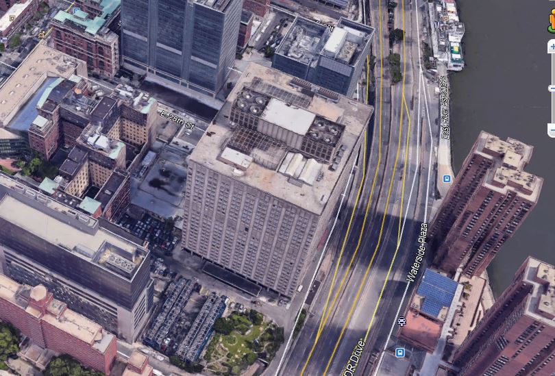An aerial view of the Bellevue Hospital complex in 2018, courtesy of Google Earth. 