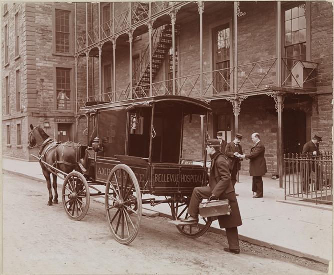 The country’s first ambulance service started at Bellevue in 1869. The fleet of horse-drawn ambulances used gongs to get through busy streets and carried a container of brandy to help relieve of pain.