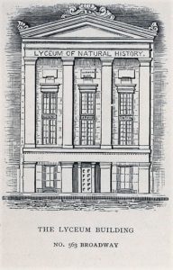 Caption: The New York Academy of Sciences began as the Lyceum of Natural History on January 29, 1817. The Society moved into its new building at 561-565 Broadway in May 1836. The 50- by 100-foot building featured a library and a library of natural history, as well as a spacious hall, lecture room, and meeting rooms. The New York Canary Bird Fanciers Association held their first exhibit in this building in 1847.