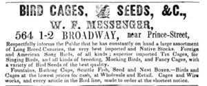 In 1849, William Messenger's fancy bird shop was located at 594 Broadway. 