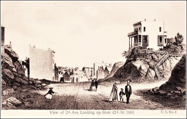 Here's a view of Second Avenue, looking north from 42nd Street in 1861.