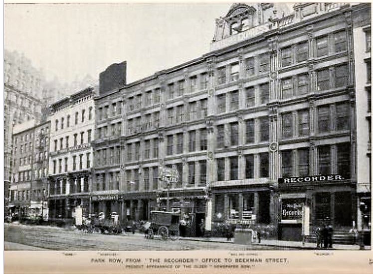 The original New York Daily News was an evening newspaper with offices on Park Row (white building on the left). Next door was the Morning Advertiser and several other daily newspapers. 