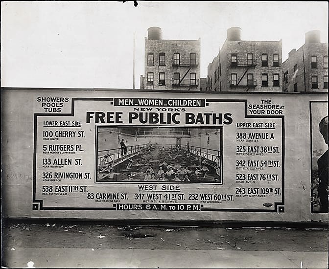 Although the public baths were not meant for recreation at first, by the 1930s, when this advertisement was photographed, many of the bath houses also featured swimming pools. Museum of the City of New York Collections