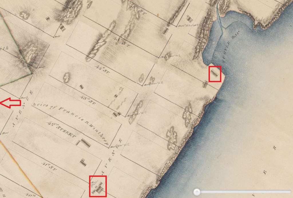 The original stone house at Turtle Bay and Francis Bayard Winthrop's mansion at the foot of 42st Street is noted on this Randel Farm Map, which was laid out between 1818 and 1820. The arrow denotes the location of the Daily News Building. 