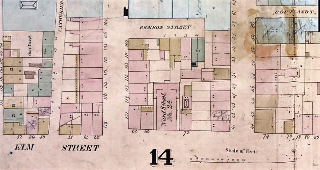 The old Grammar School--or Ward School No. 24--served as temporary headquarters for Engine Company No. 31 while their new firehouse was being constructed just up the street on the corner of Elm and White Streets. 116 Leonard Street is also shown on this 1857 map. 