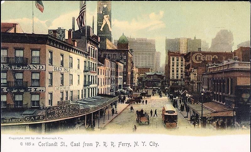 Here's the same view of Cortlandt Street from the ferry on West Street in 1899. 