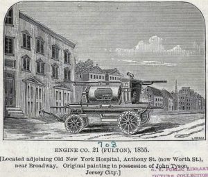 Fulton Engine Company No. 21 was located on Anthony Street (Worth Street) near Broadway in 1855.