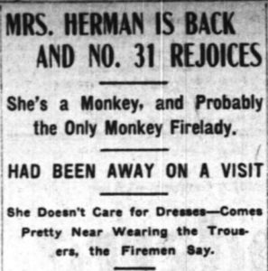 The monkey mascot made the headlines when she returned to her firehouse home. 