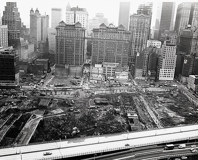 Radio Row was demolished to make way for the World Trade Center, shown here under construction in 1968. 