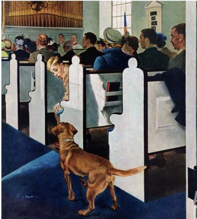 Perhaps the artist of this 1950s painting was inspired by a dog like the one who sauntered down the aisle at the Presbyterian Labor Temple.