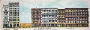 In this 1899 illustration of Broadway between Houston and Bleecker Streets, there is a vacant lot at 632-634 Broadway. A year later, Augustus Juilliard purchased the 12-story building on this plot.