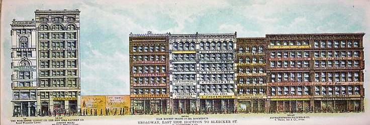 In this 1899 illustration of Broadway between Houston and Bleecker Streets, there is a vacant lot at 632-634 Broadway. A year later, Augustus Juilliard purchased the 12-story building on this plot. 