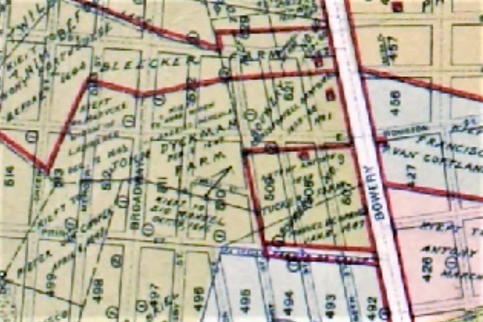 Bleecker Street is named for Anthony Lispenard Bleecker (1741-1816), a prominent banker, merchant, and auctioneer who owned a large farm east of present-day Broadway and west of the Bowery (the red boxed-in area at the top of this map). 