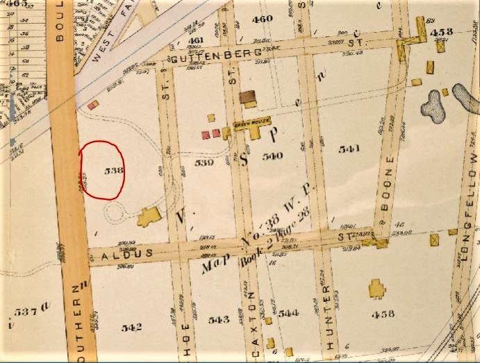 The red circle marks the location of the Boulevard Theatre on this 1887 map. The large frame house with the circular drive may have been the estate of Christian V. Spencer. 